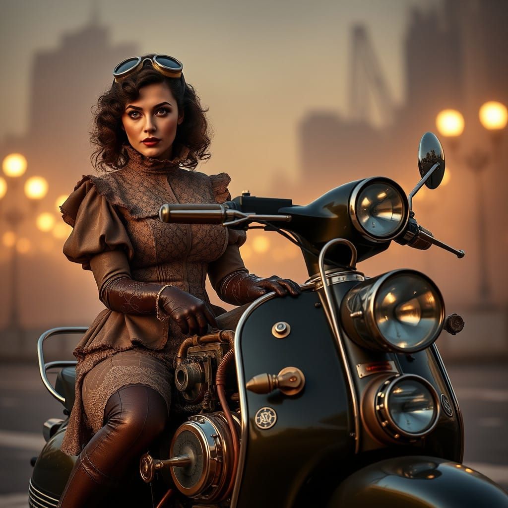 Elegant Steampunk Rider on Vintage Vespa Scooter