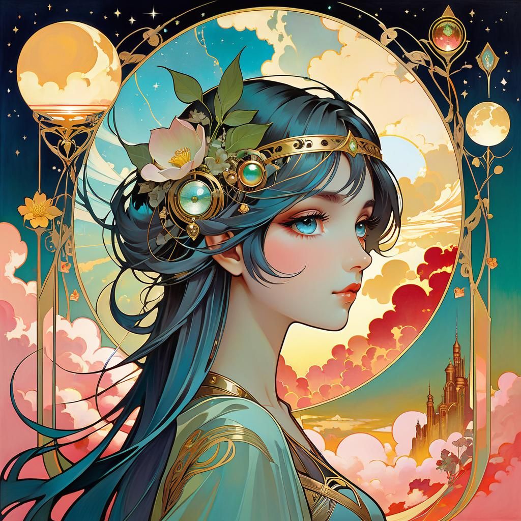 Futuristic Figure with Golden Heart in Art Nouveau Style