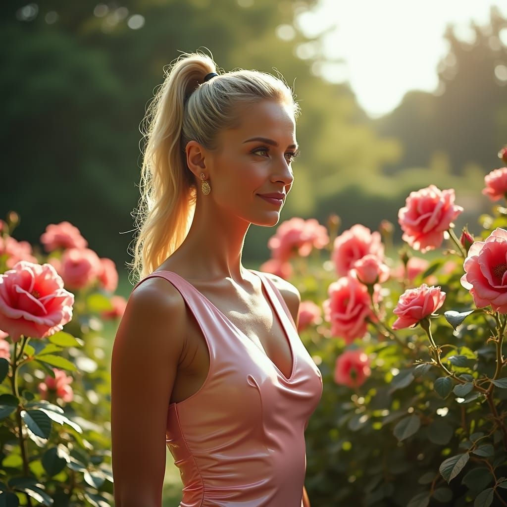 Woman in Vinyl Dress in Rose Garden