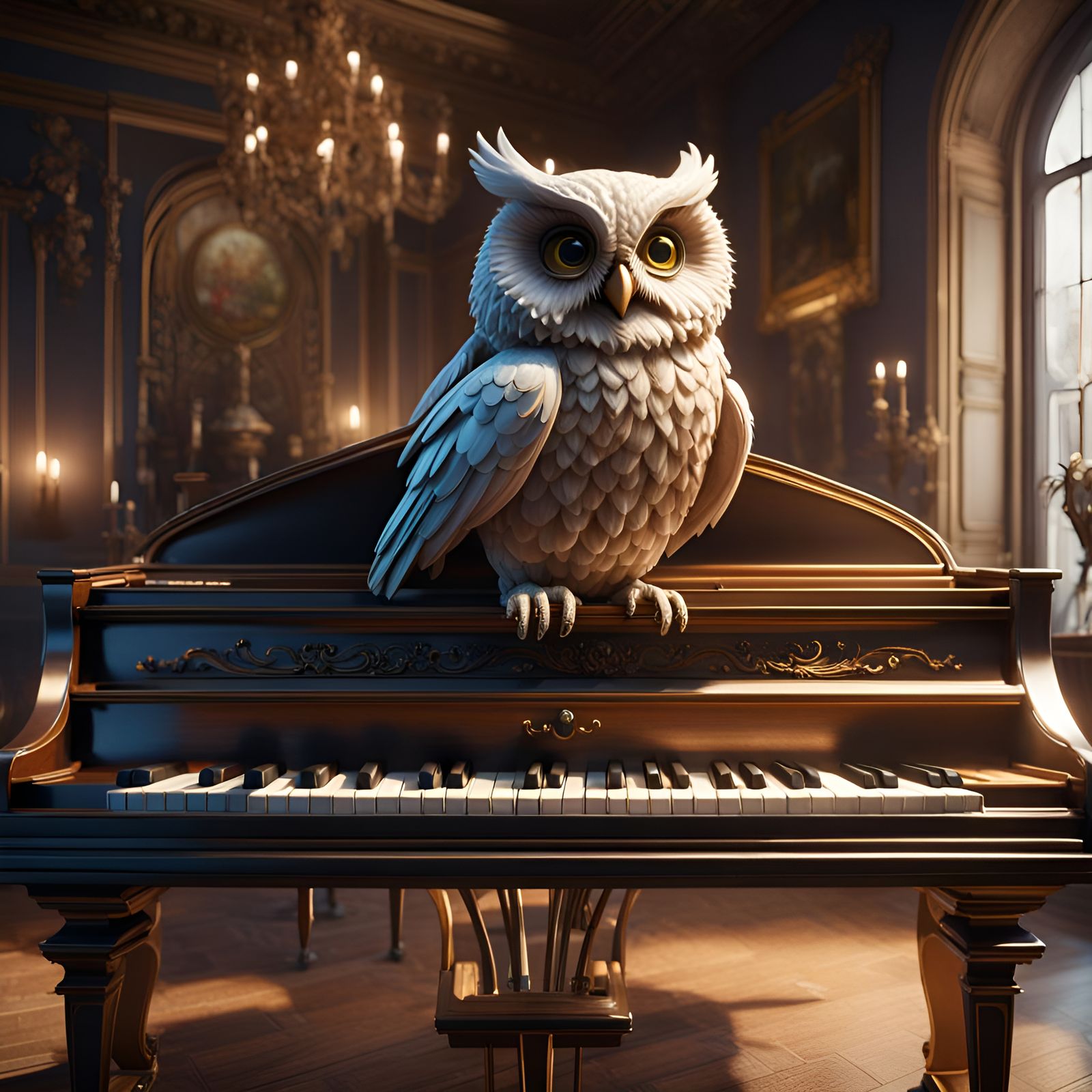 Owl Playing Piano in 3D Cinematic Style