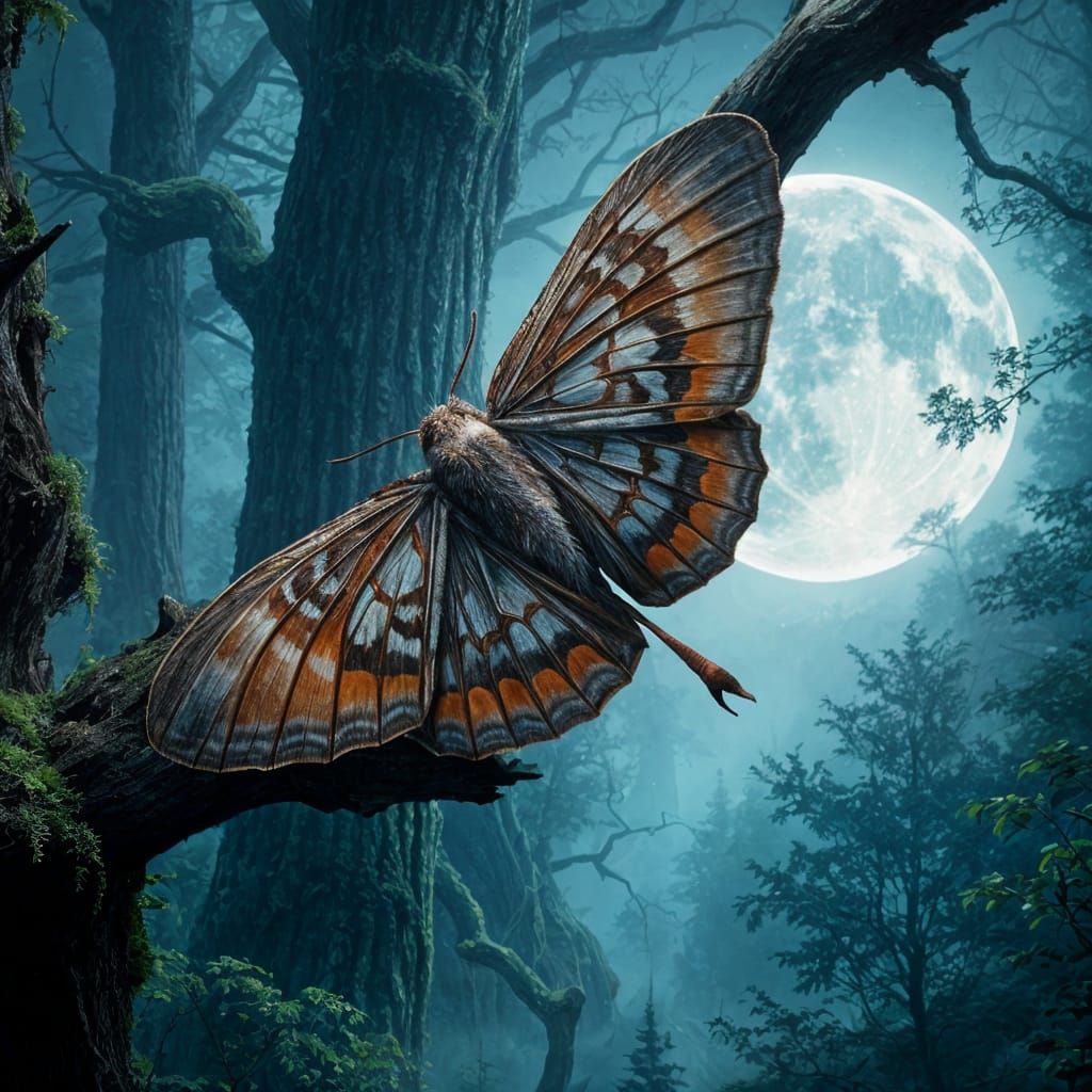 Moth in Epic Dark Forest Under Maximalist Moonlit Sky