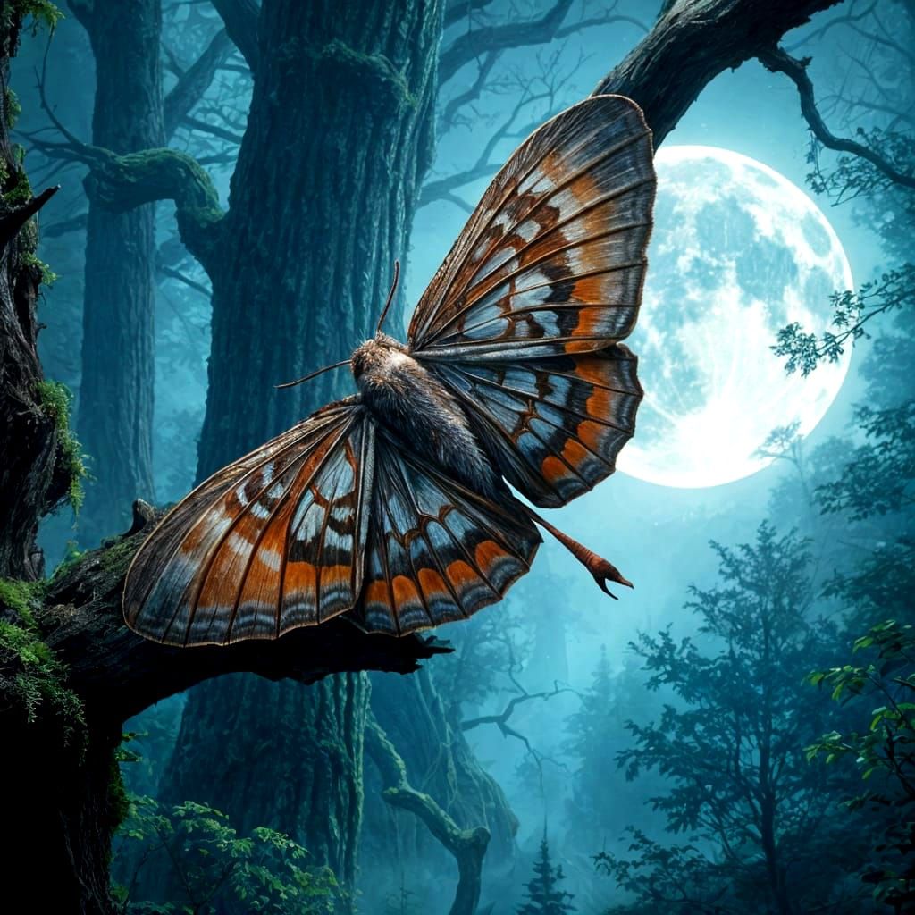 Midnight Moth Perched on Branch in Dark Forest under Epic Mo...
