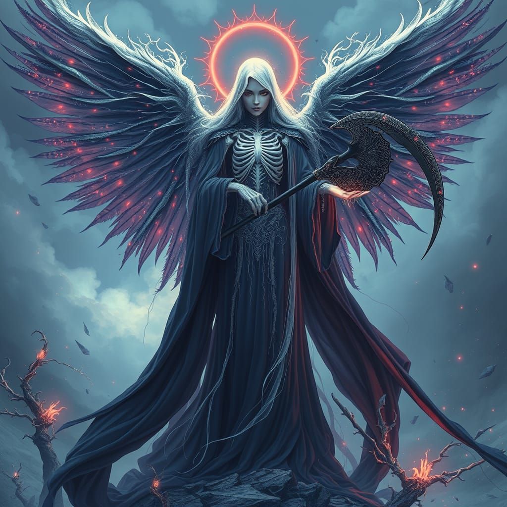 Ethereal Angel of Death with Celestial Scythe and Shimmering...