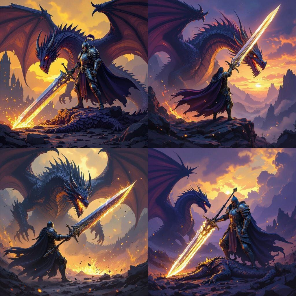 Epic Knight Defeats Dragon in Dark Fantasy Art