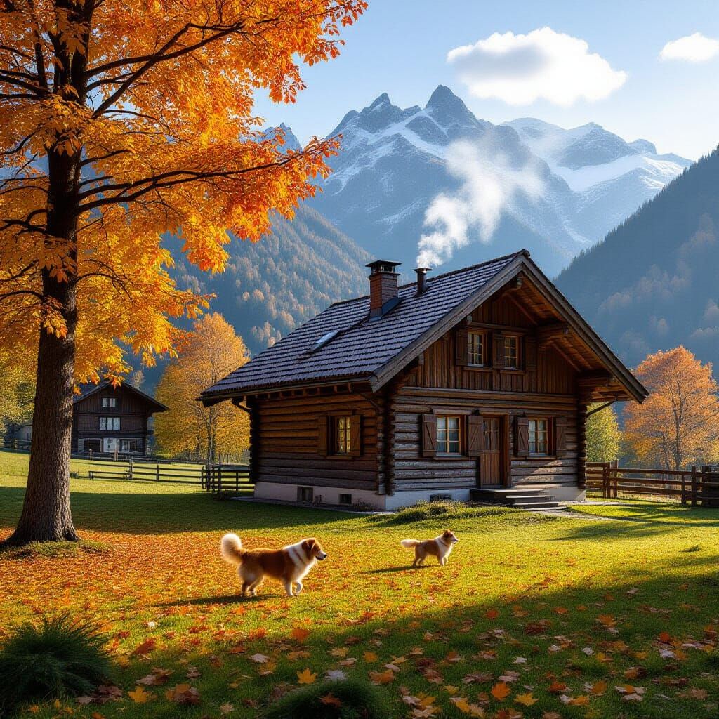 Swiss Alps Autumn Landscape With Cozy Cabin And Dog