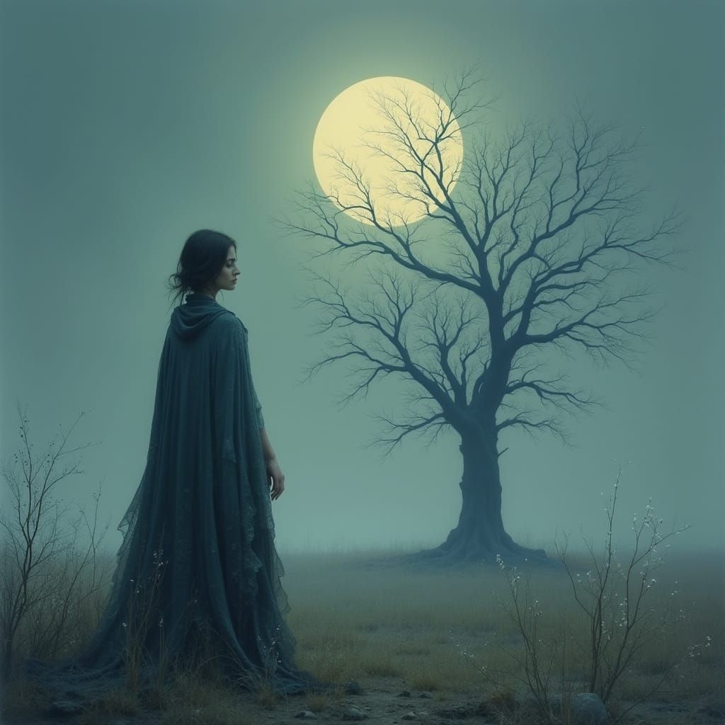 Sorrowful Figure in Desolate Moonlit Landscape