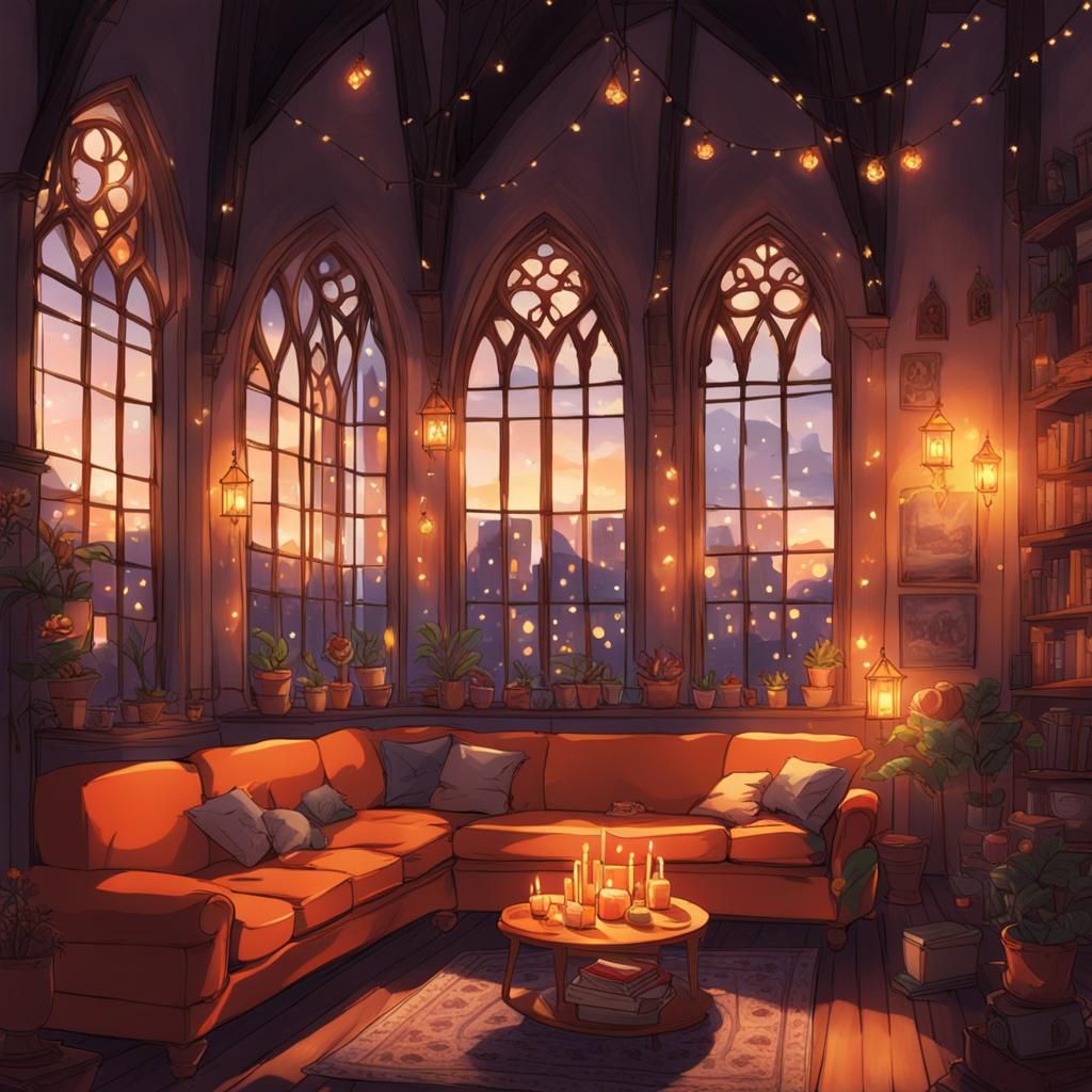 Cozy Orange Gothic Living Room in Anime Style