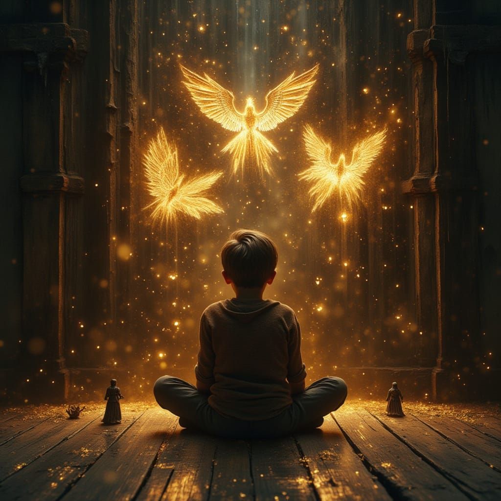 Boy Surrounded by Knights in Dreamlike Rustic Room