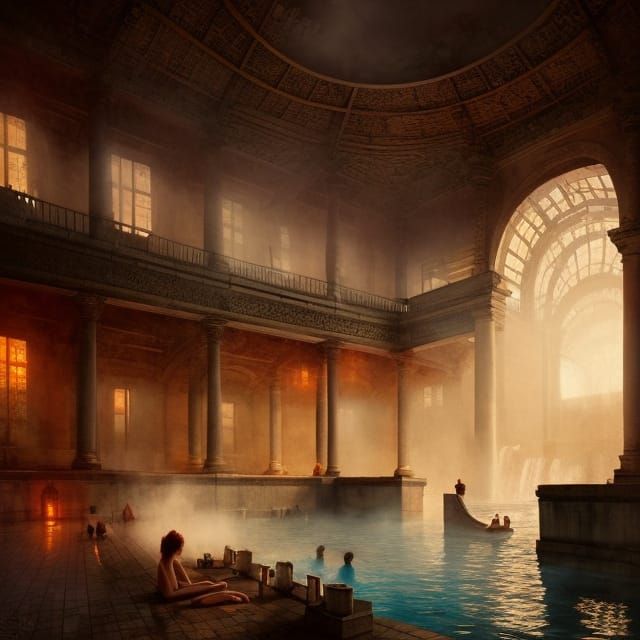 Ancient Steamy Thermal Baths in Digital Art Style