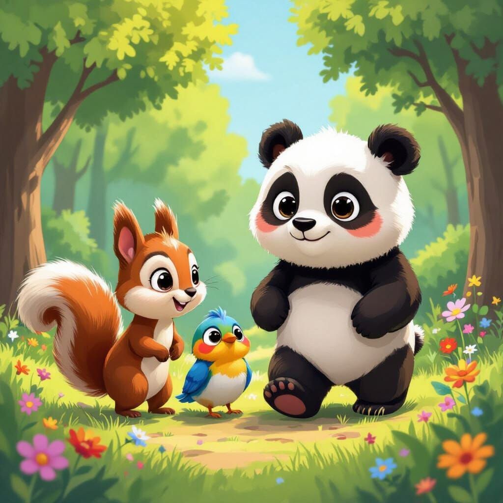 Cartoon Panda, Squirrel, and Bird Walking in Forest