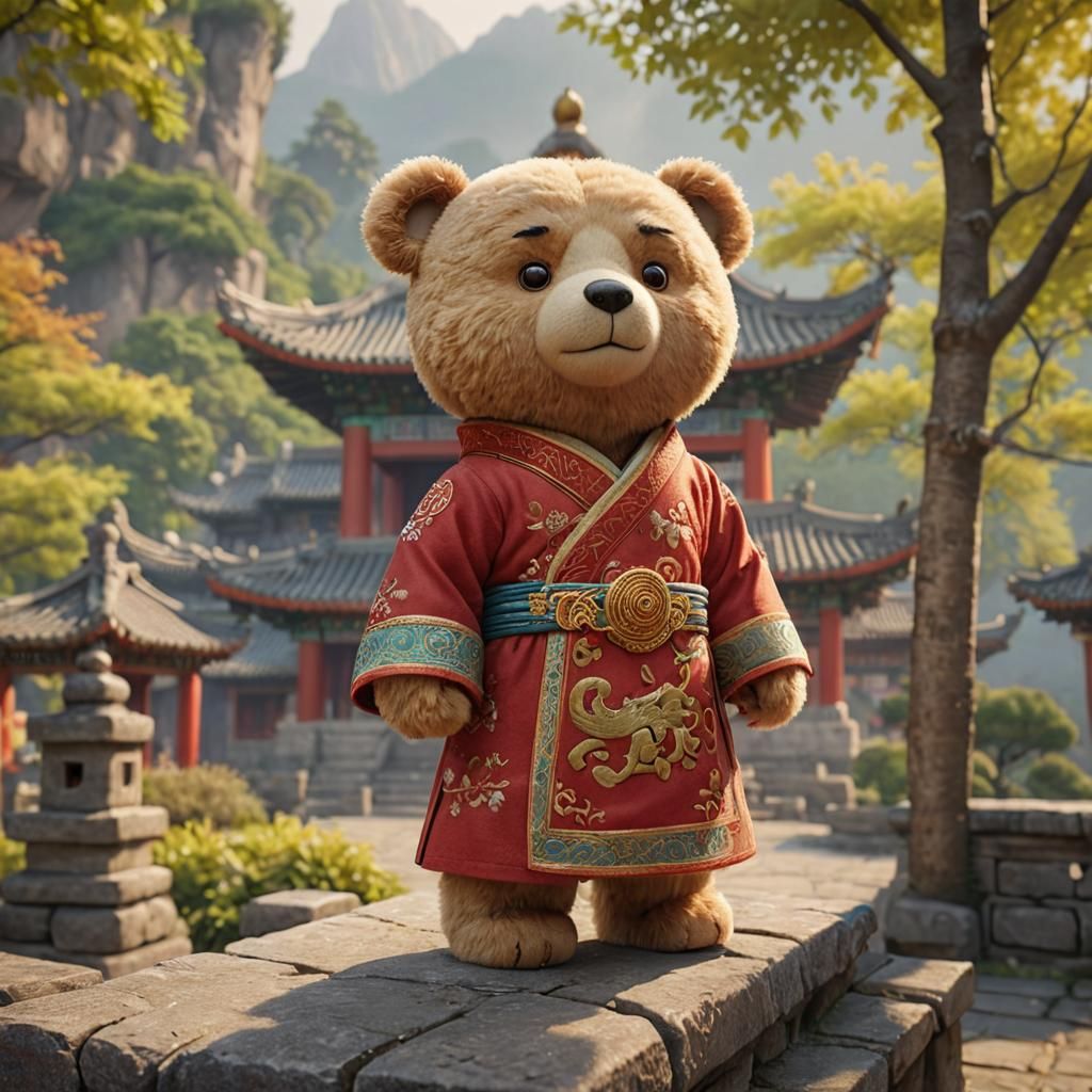 Teddy Bear in Chinese Clothing: Pixar-Style 3D Animation
