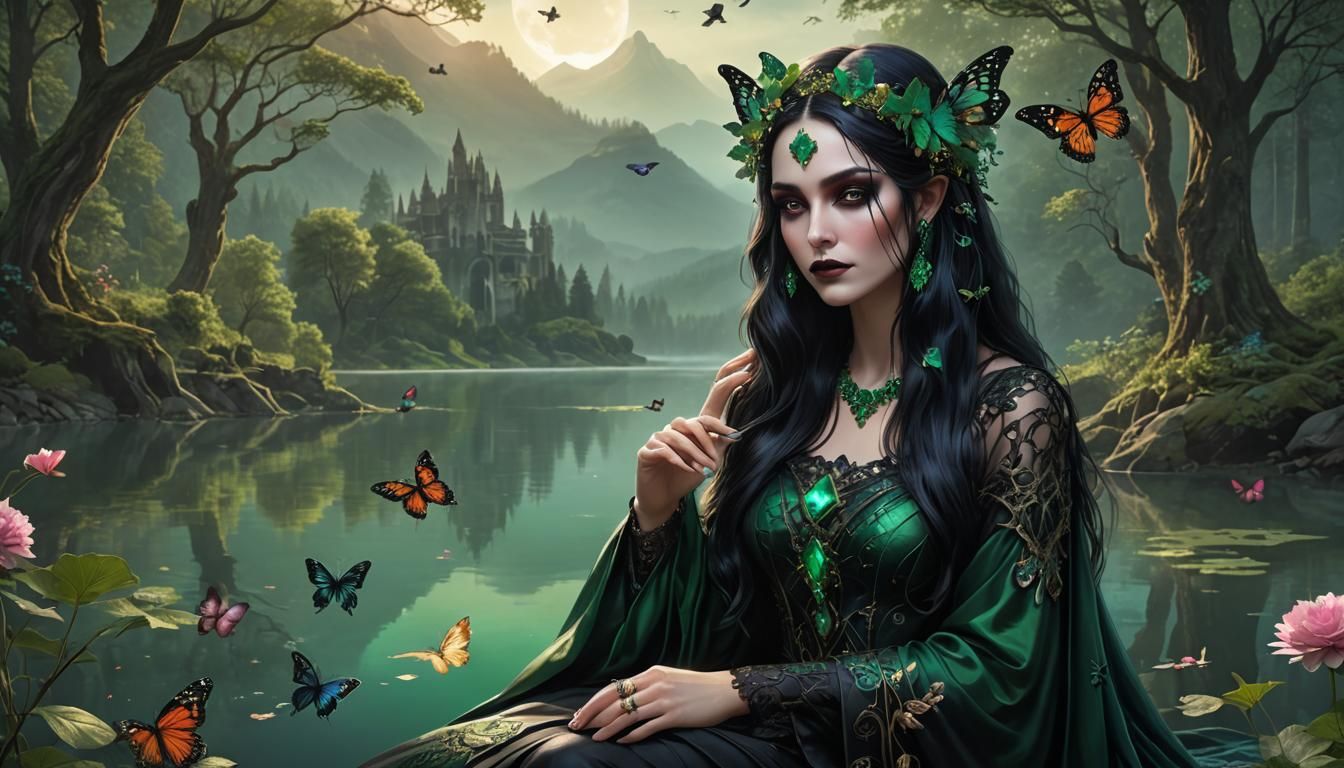 Gothic Enchantress in Emerald Woodland, Hyperrealistic Art