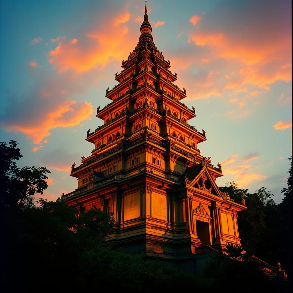 Ethereal Thai Pagoda at Dusk in Golden Light