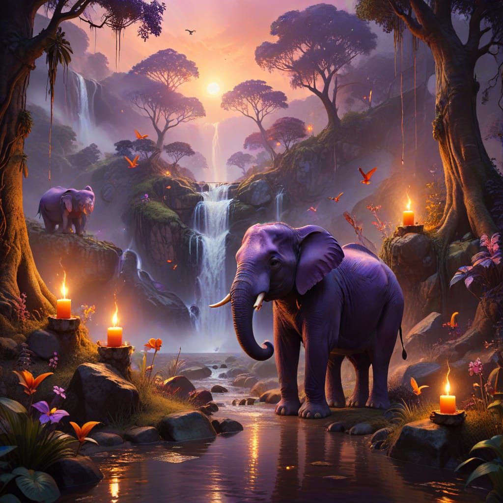 Wild Waterfall Landscape with Vibrant Elephant and Birds in ...