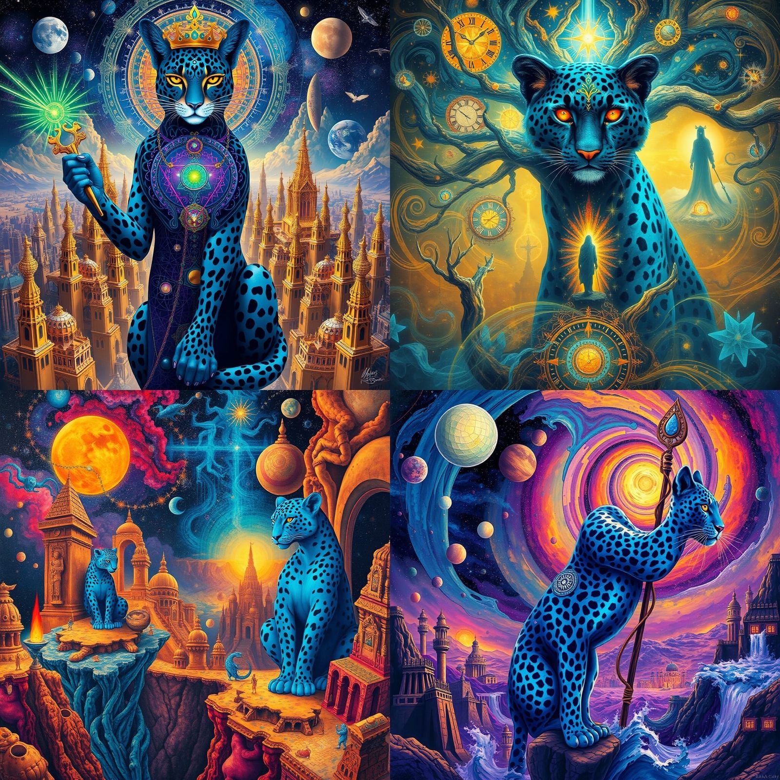 Surreal Cityscape with Blue Jaguar and Leopard Deities