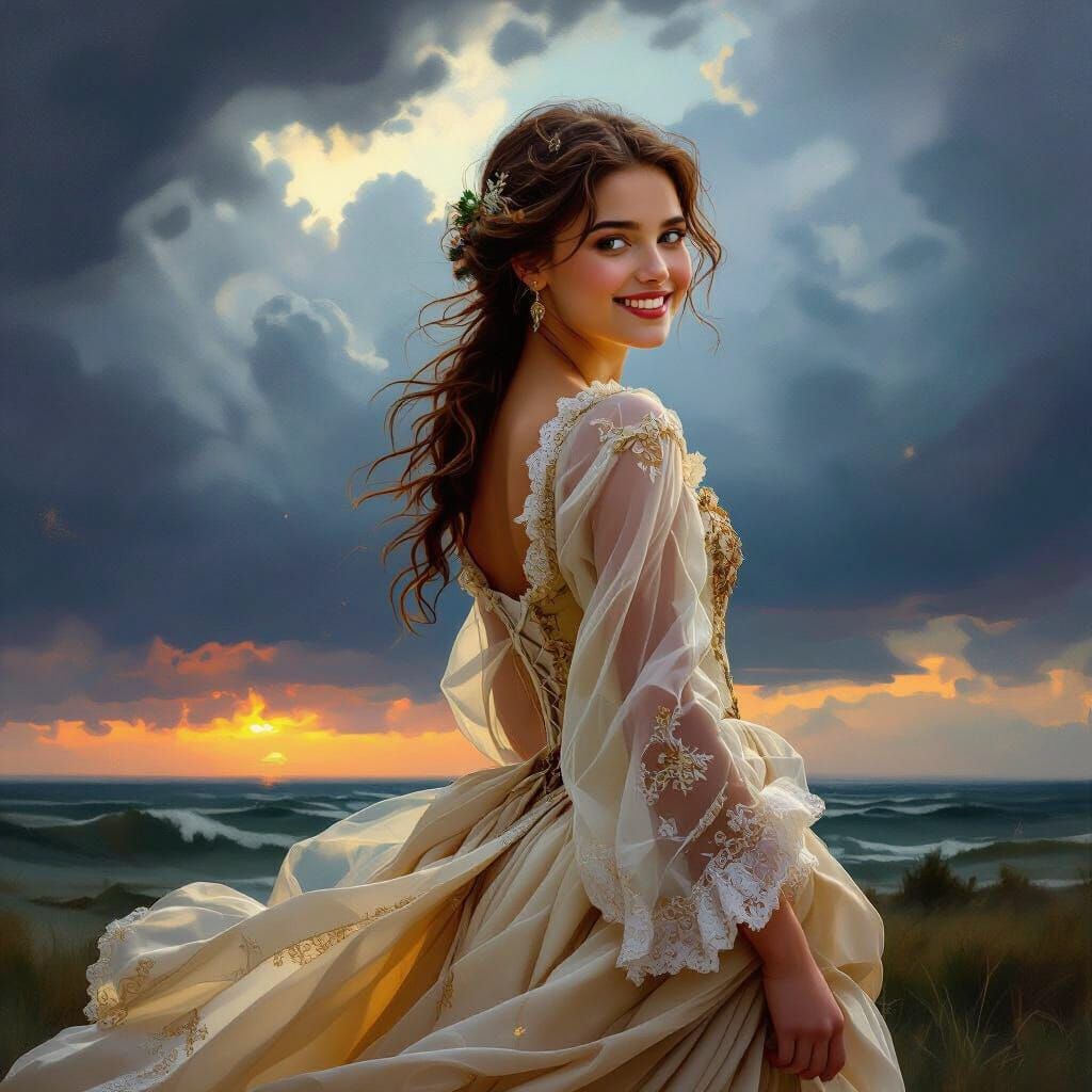 Girl in Shakespearean Gown with Joyful Smile, in Painterly S...