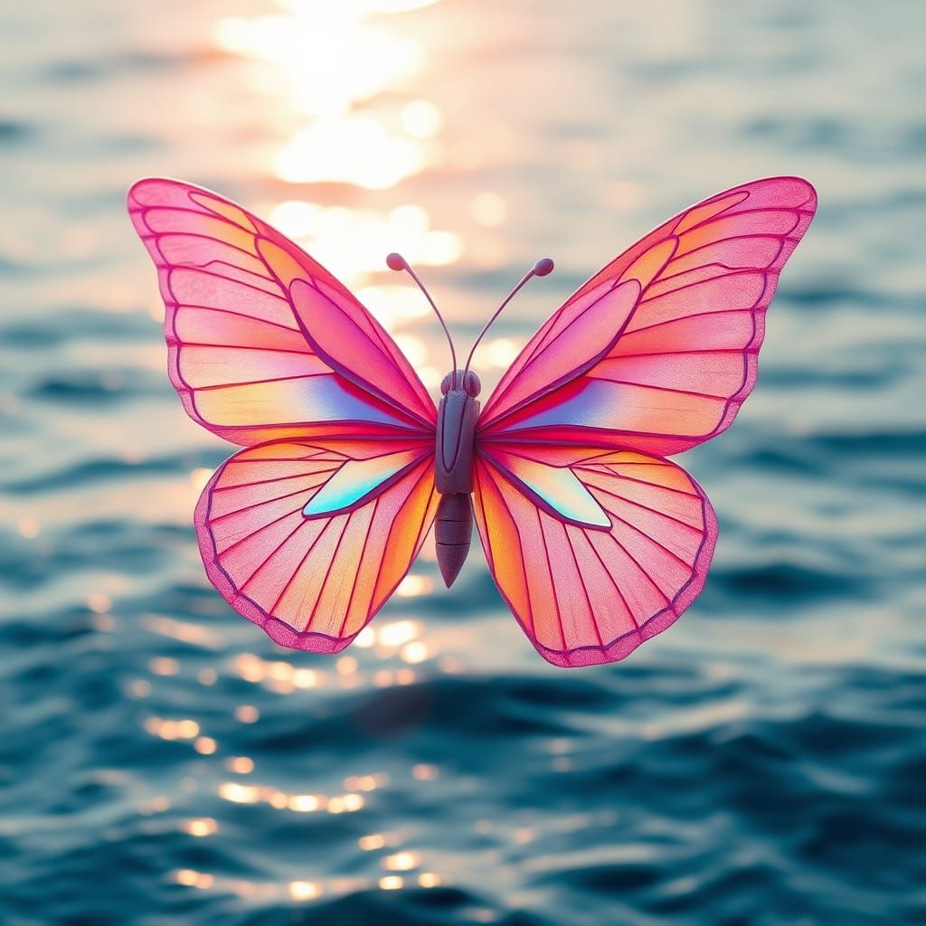 Iridescent Origami Butterfly Above the Ocean