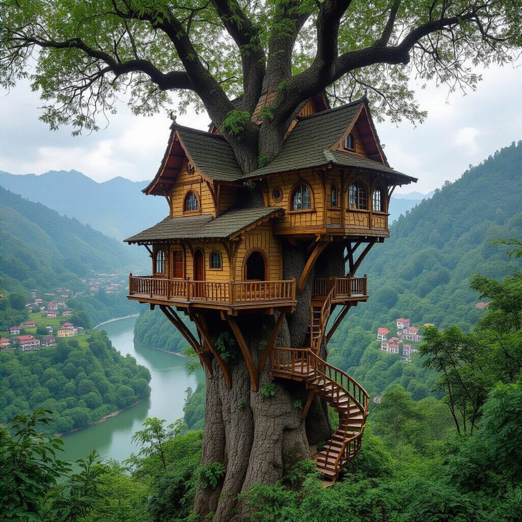 Fantasy Treehouse Village on Giant Tree, Digital Watercolor