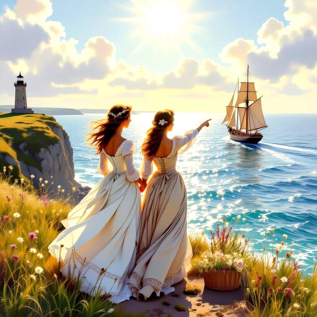 Regency Sisters Admire Seaside View with Lighthouse