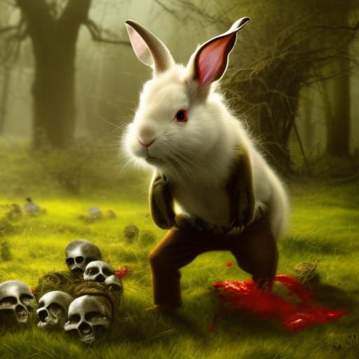 Bloodthirsty Rabbit in a Macabre Meadow: Dark Fantasy Art