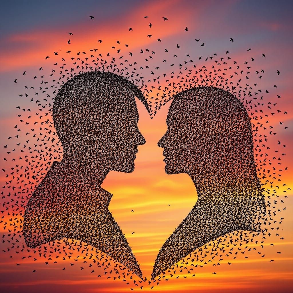 Murmuration Birds Form Heartfelt Couple in Sunset Sky