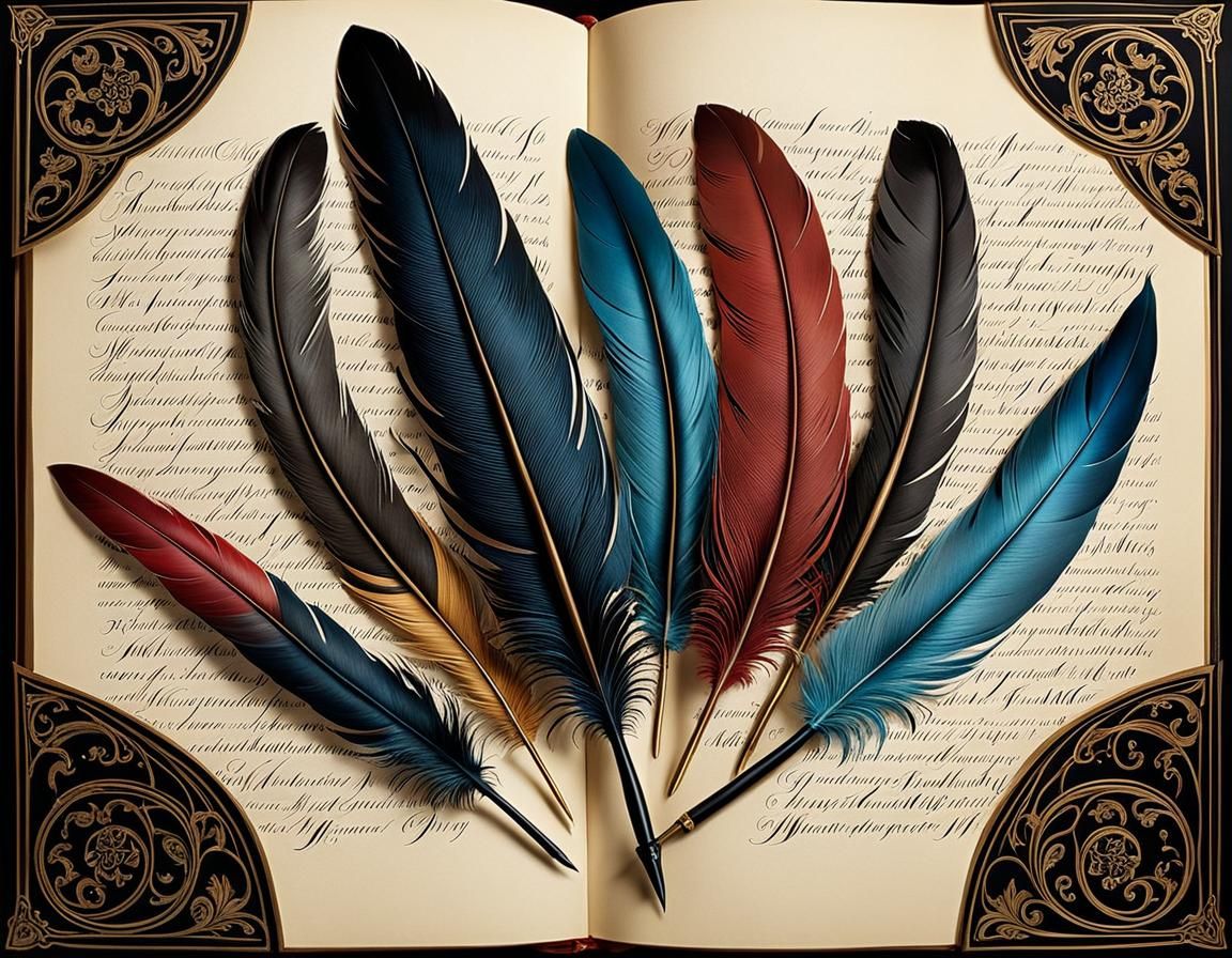 Ornate Calligraphy with Feathers in Medieval Style