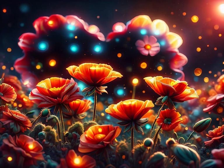 Poppy Field Macrophotography in Impasto Style