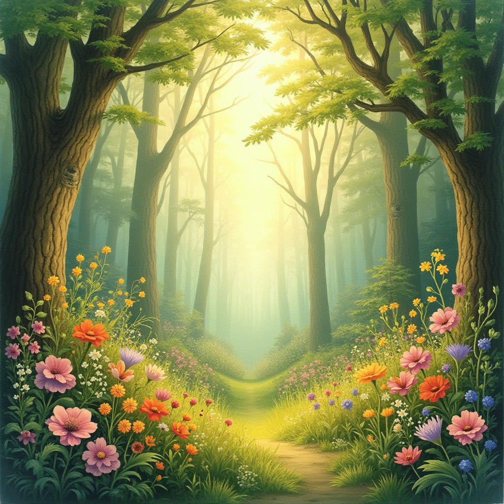 Enchanted Forest with Flowers in Soft Sunlight