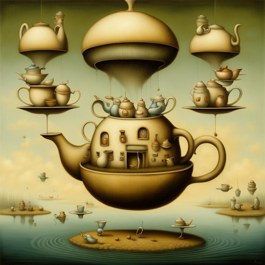 Surreal Teapot Tea Party on Floating Island