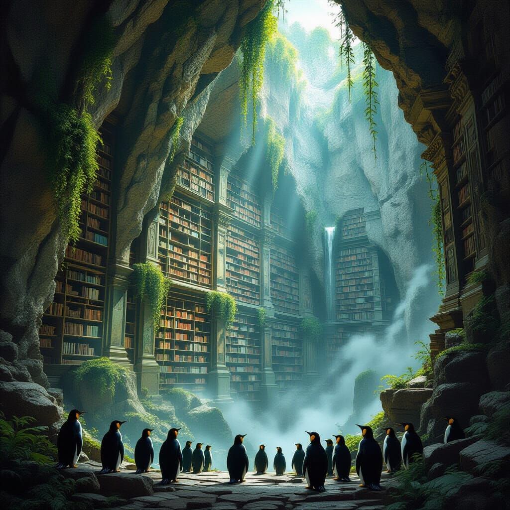 Ancient Cliffside Library with Penguins in Ethereal Glow