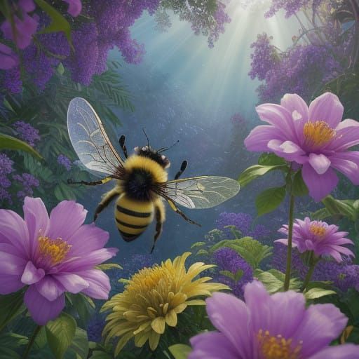 Golden Bumble Bee in Vibrant Fantasy Garden