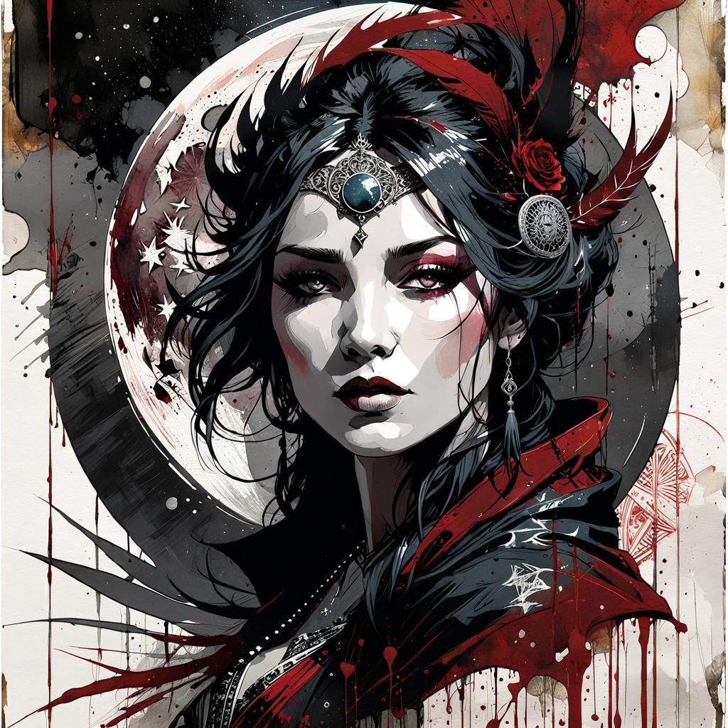 Tarot Card Design: The Moon in Washed Ink Style