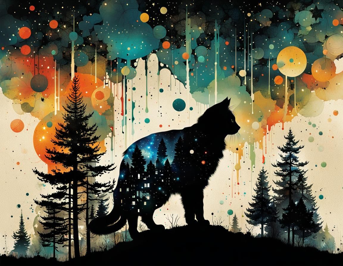 Galactic Cat Silhouette in Bold Ink Splatter Style