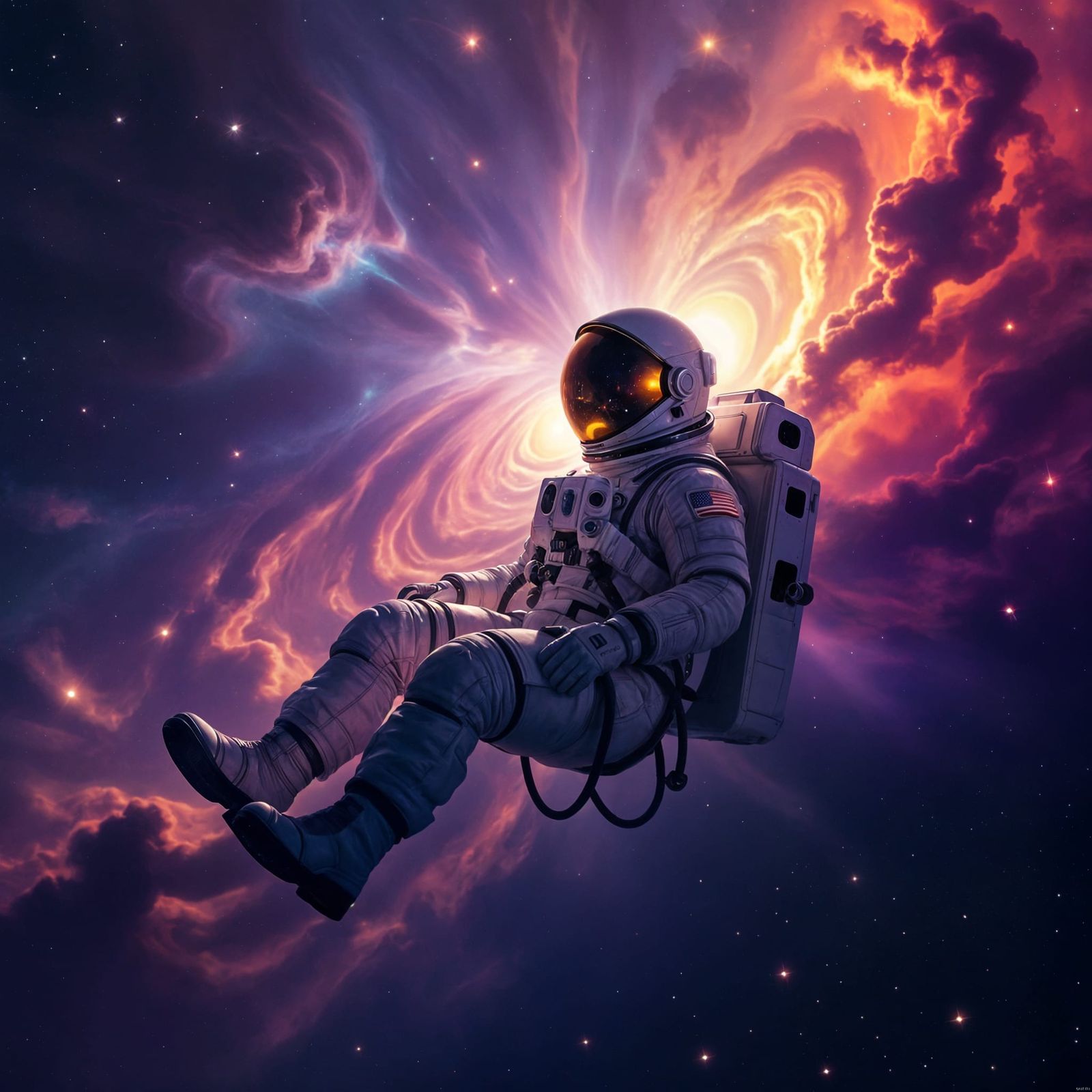Astronaut Adrift in Cosmic Void with Nebulae