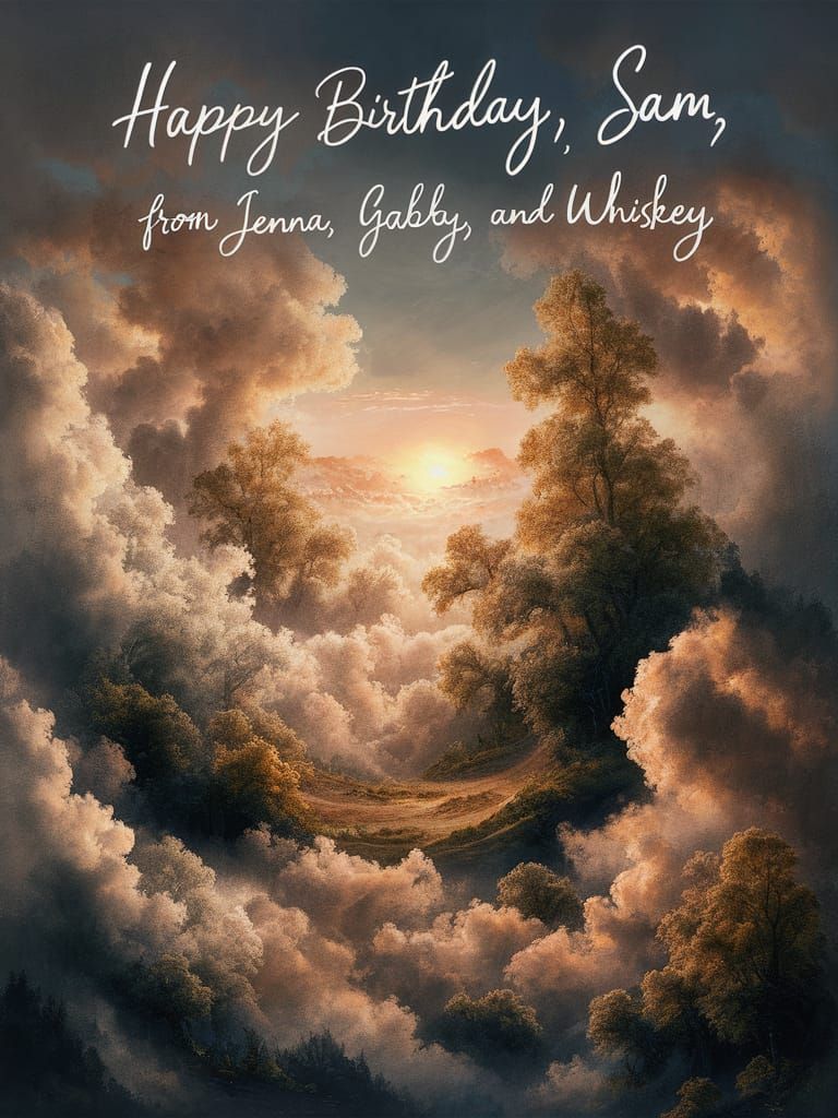 Whimsical Birthday Card with Golden Sunset Landscape