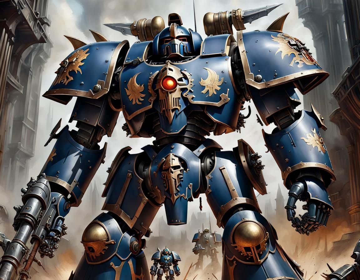 Imperial Knight Mecha in Grimdark Battle, Digital Painting