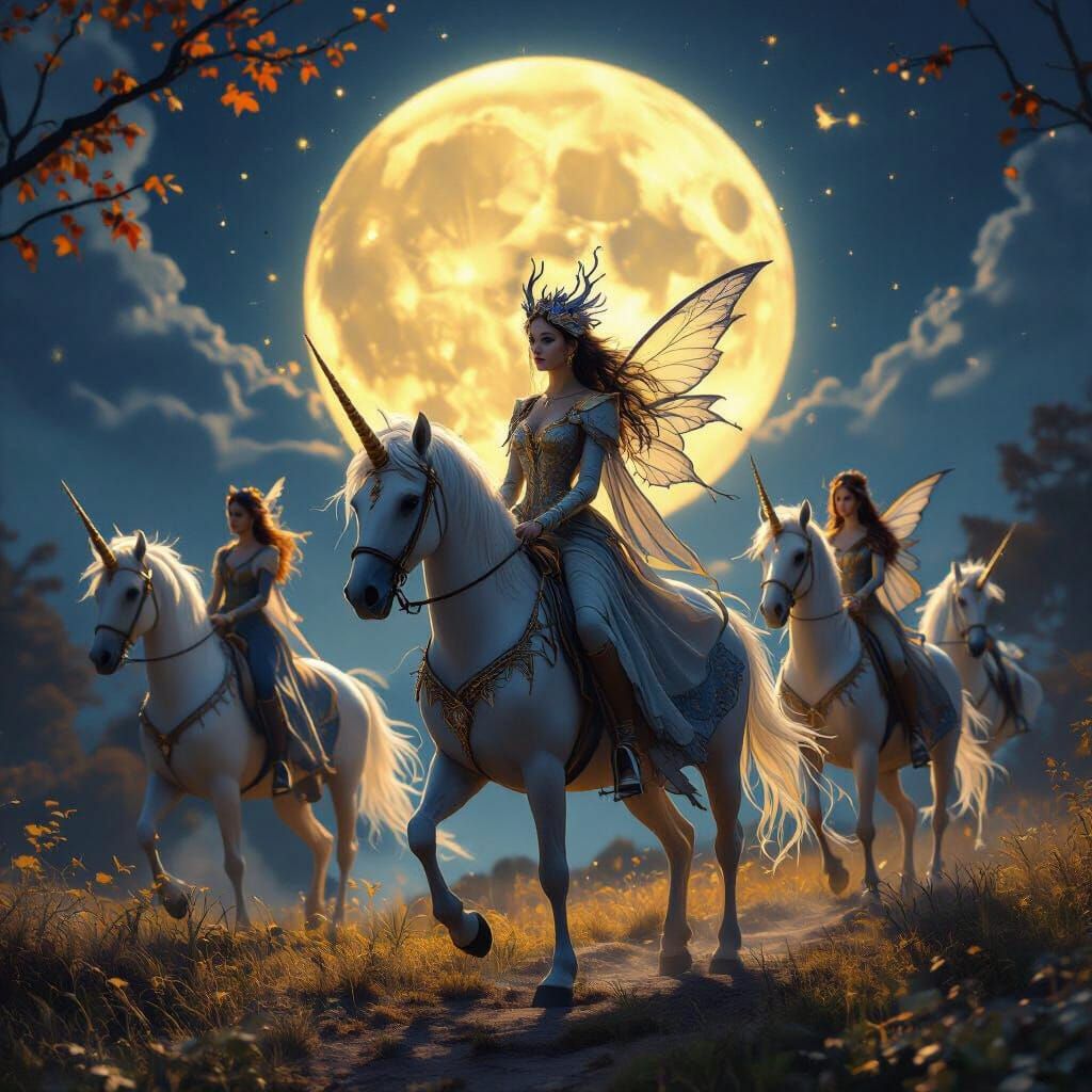 Faerie Queen and Entourage on Unicorns Under Autumn Moon