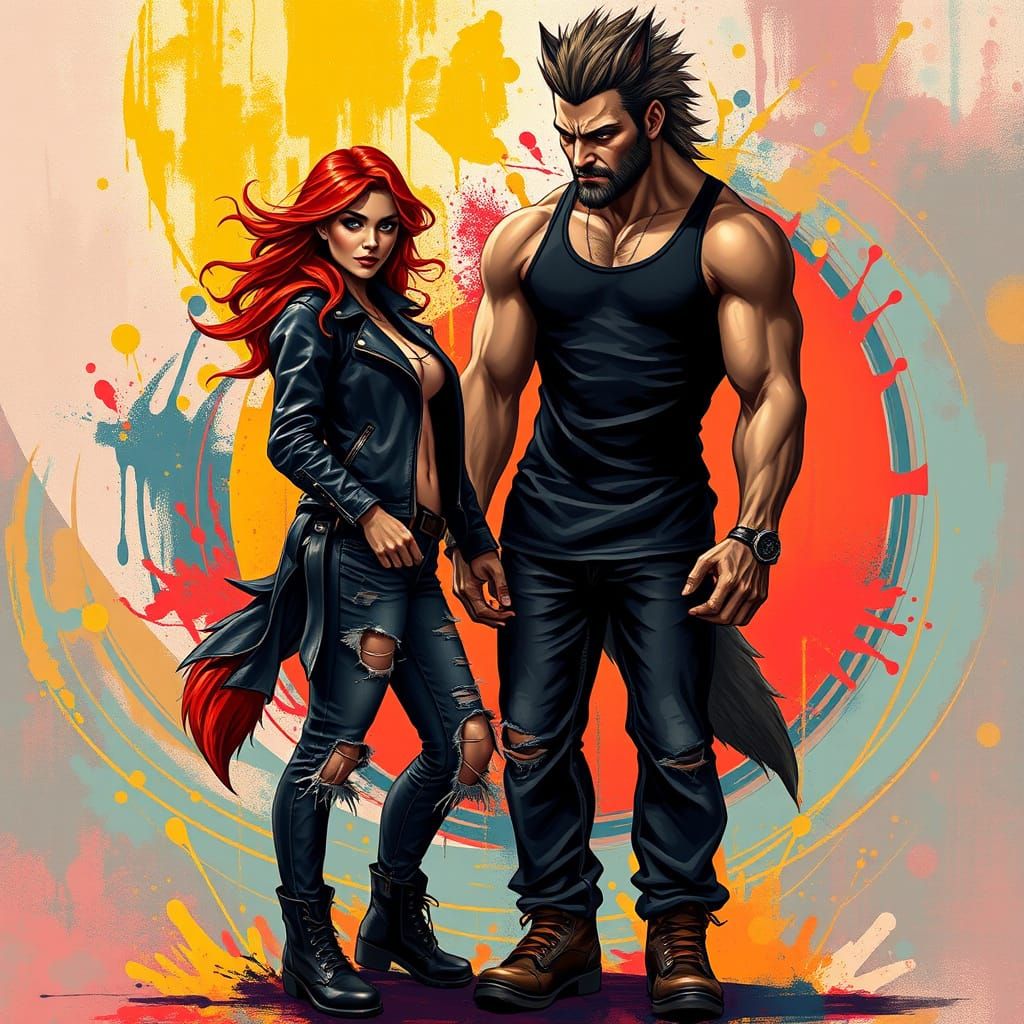 Fiery Woman Stands Beside Her Muscular Werewolf Mate in Huma...