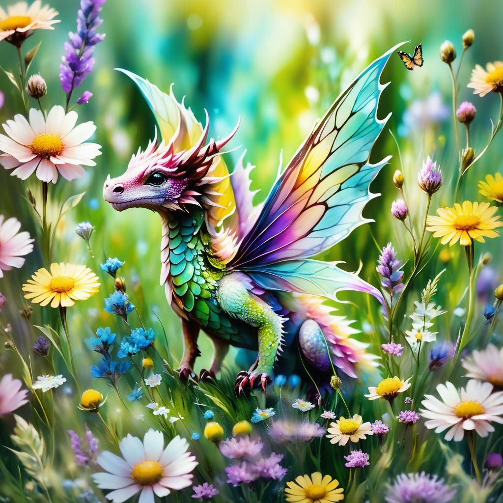 Dragon with Butterfly Wings in Surreal Meadow