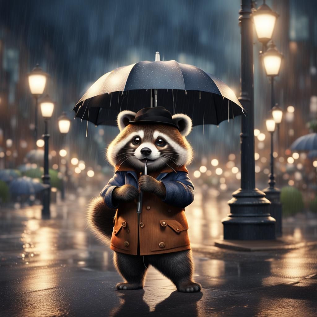 Tanuki Dances in Rainy City Street