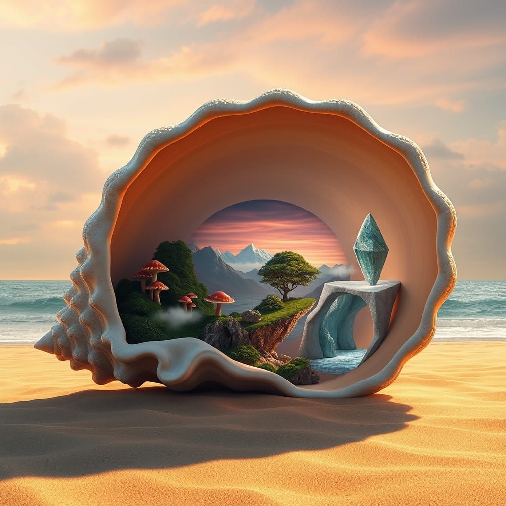 Giant Seashell Reveals Miniature Dreamlike Landscapes