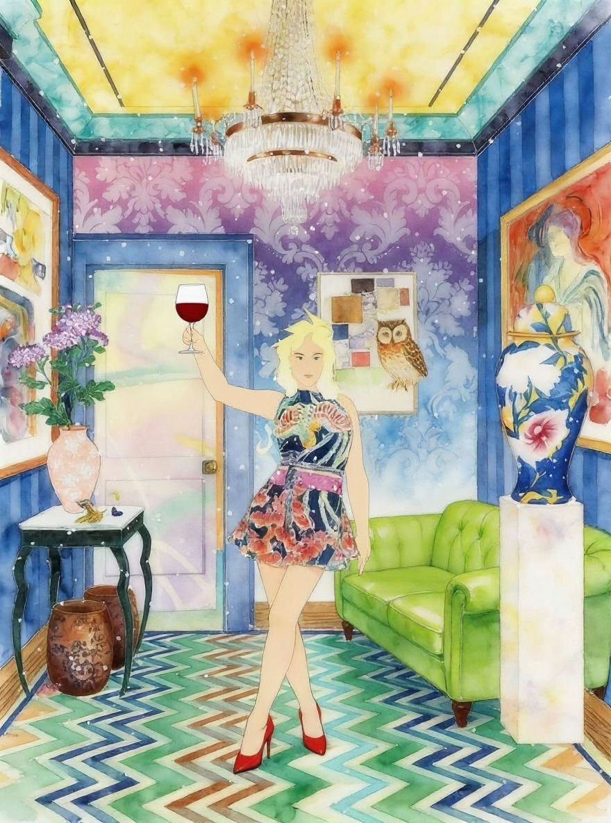Woman Celebrating with Wine in Alcohol Ink Living Room