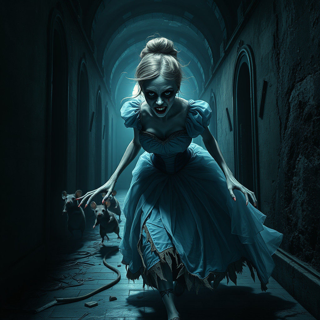 Zombie Cinderella Pursues Mice in Gothic Horror Style
