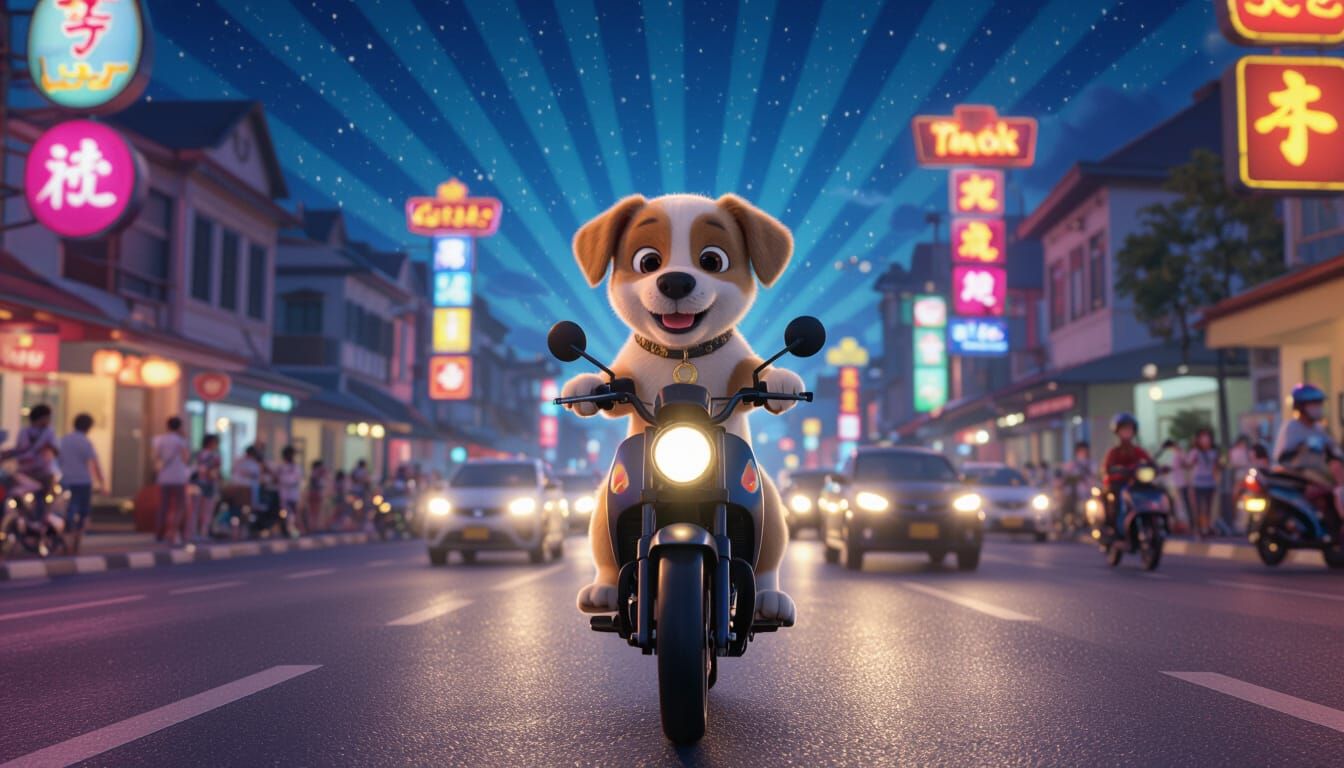 Puppies on Motorbike in Thailand: Pixar-Style 3D Art
