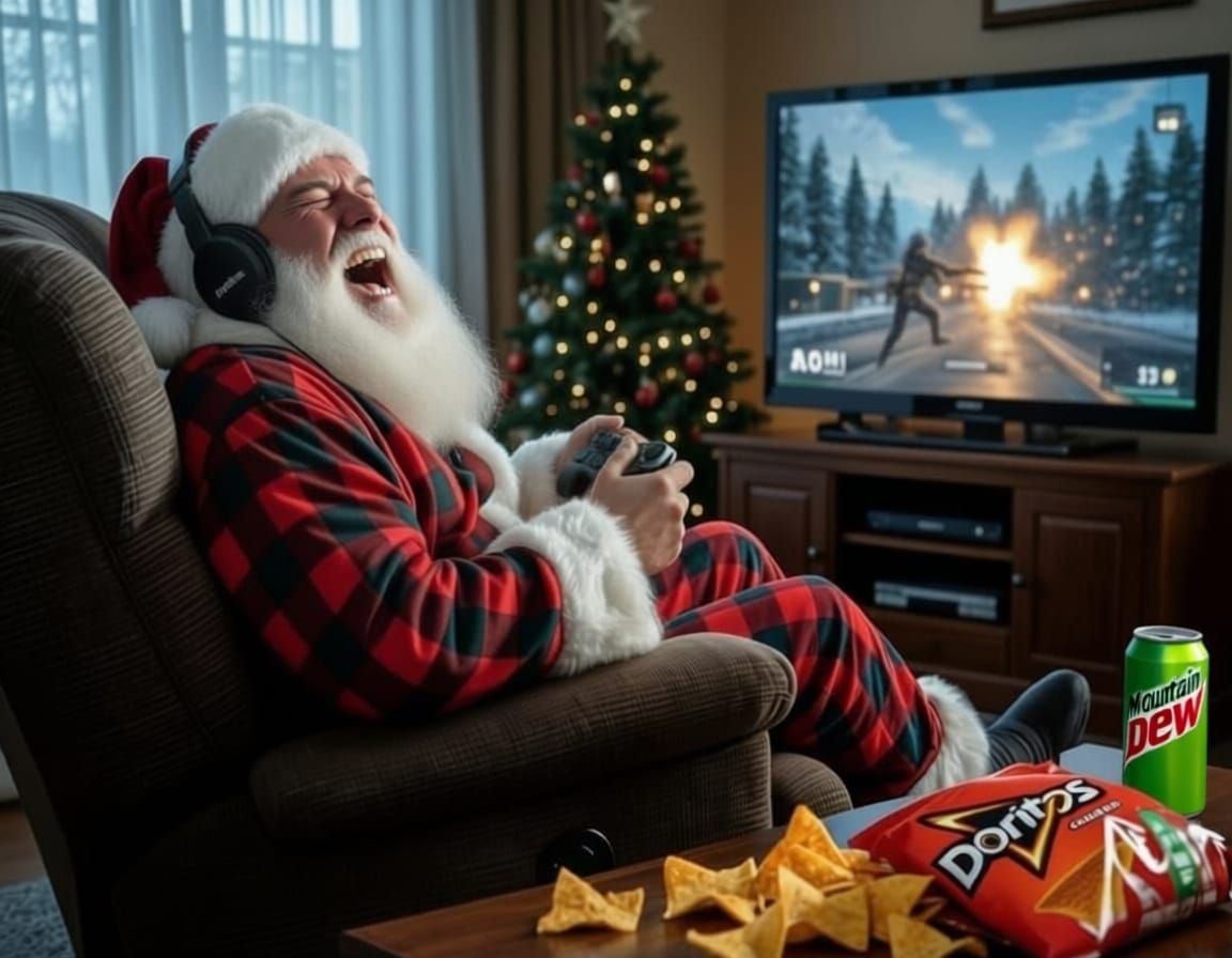 Santa Gaming Call of Duty in Pajamas