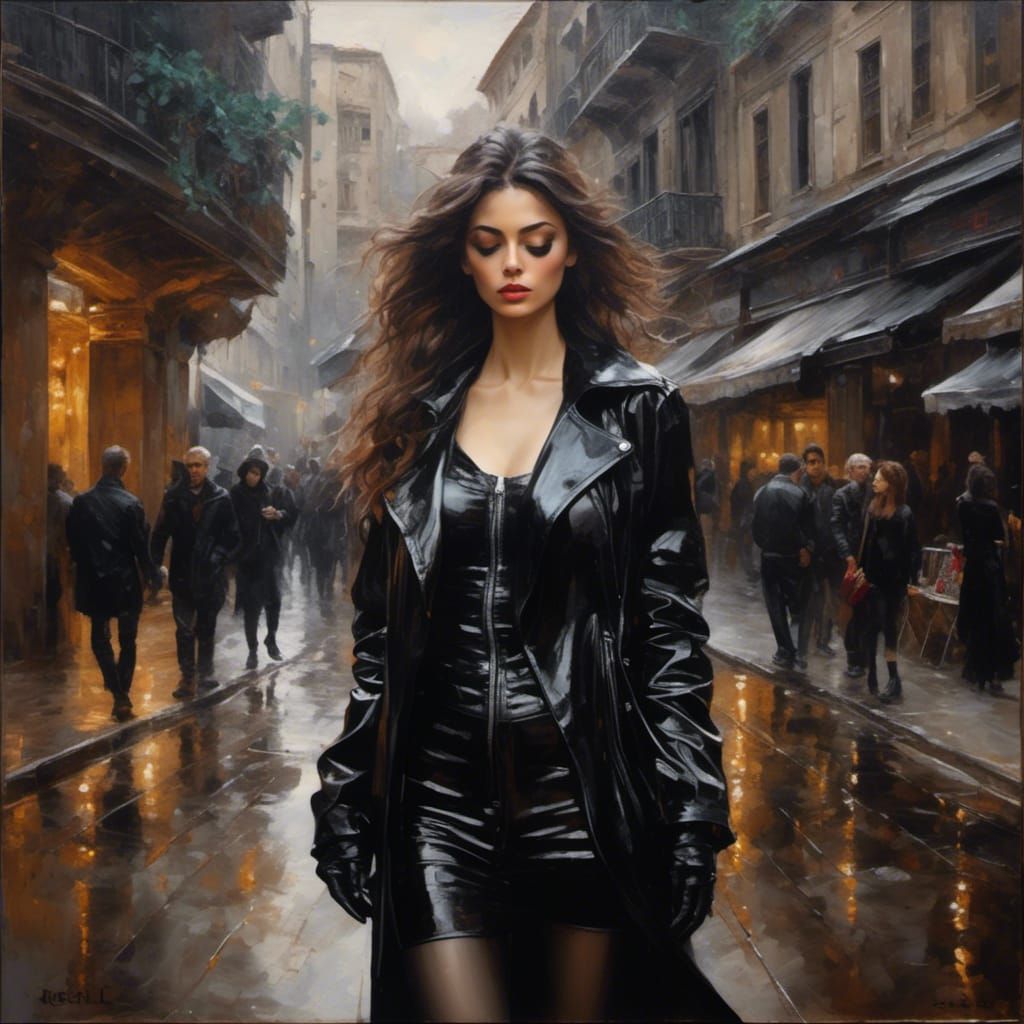 Lebanese Woman in Latex Coat: Hyperreal Oil Painting