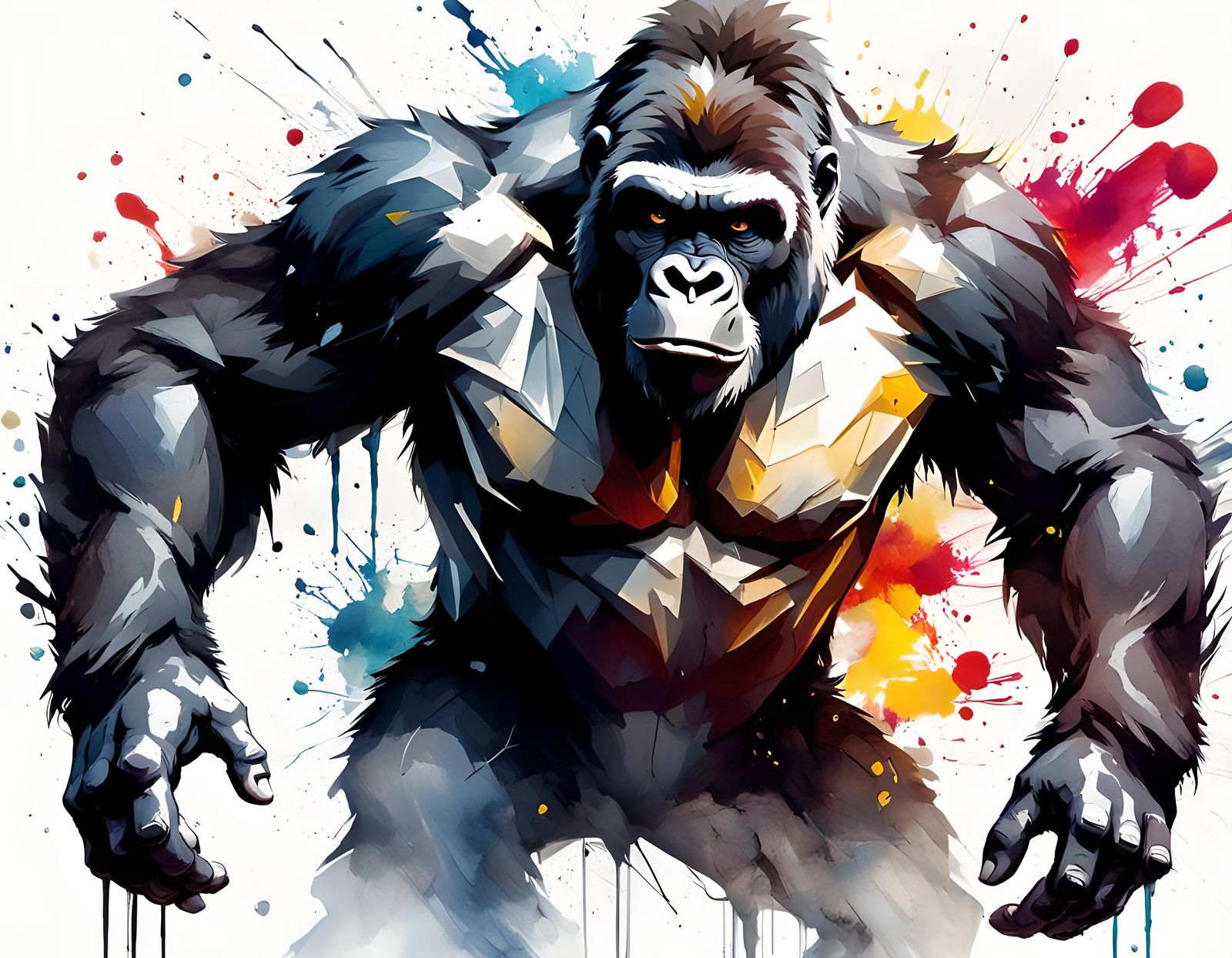 Furious Gorilla Shatters Wall: Splash Art Watercolor