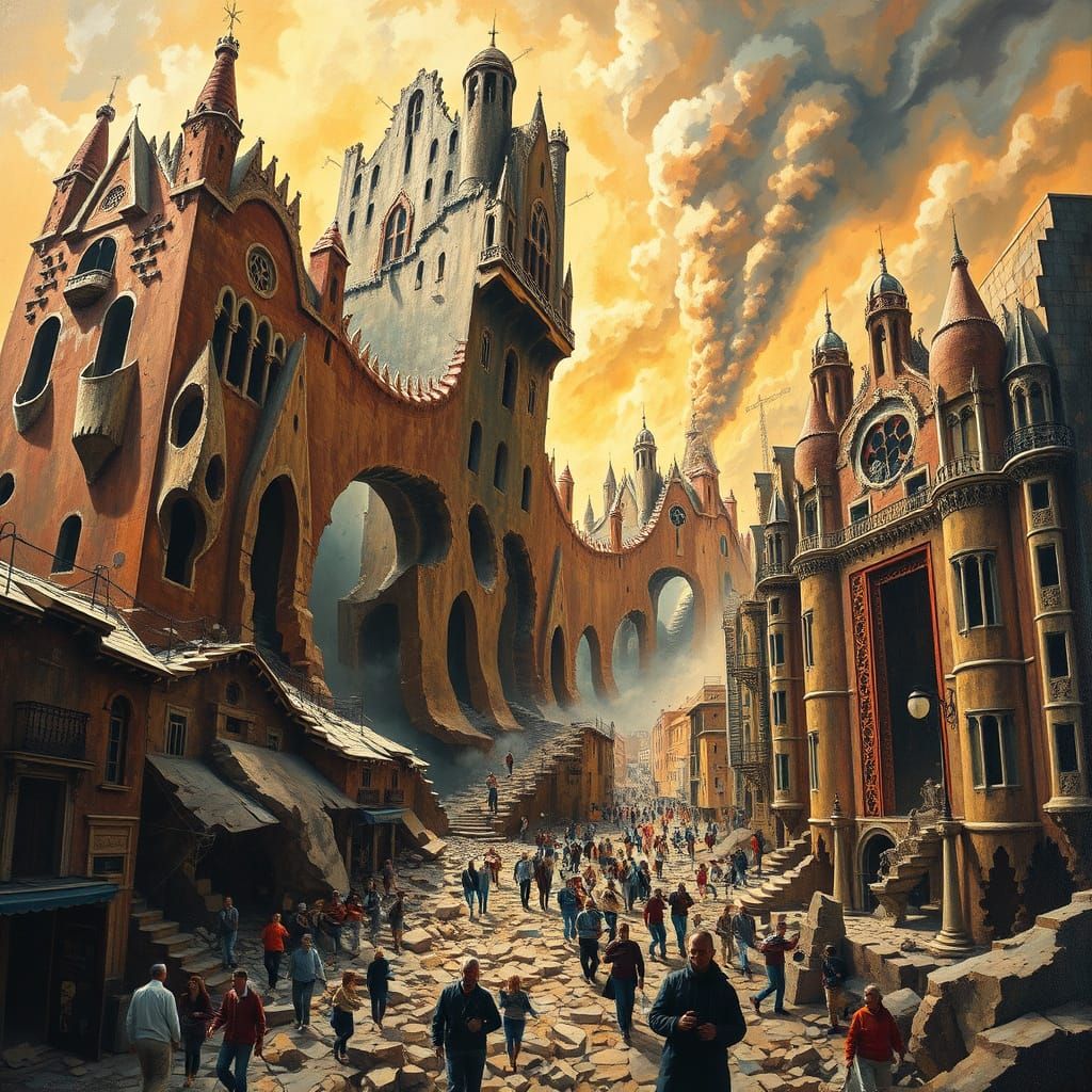 Surreal Oil Painting of Earthquake Devastating a City
