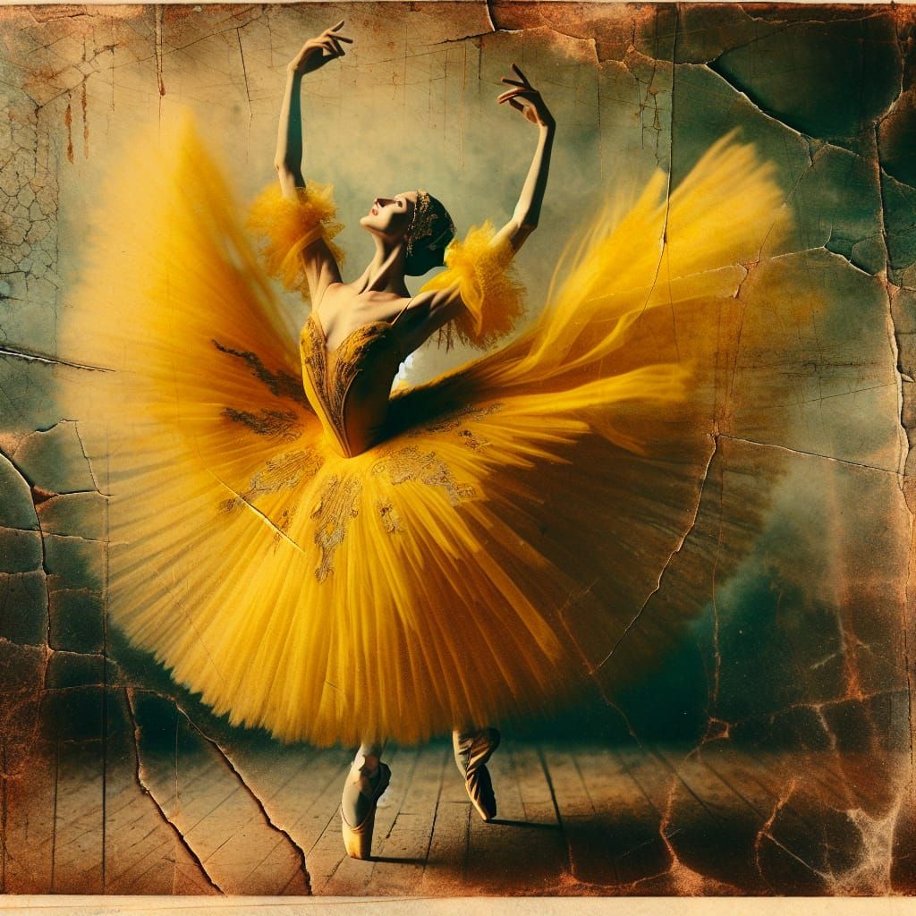 Yellow Ballet Dancer in Victorian Double Exposure Style