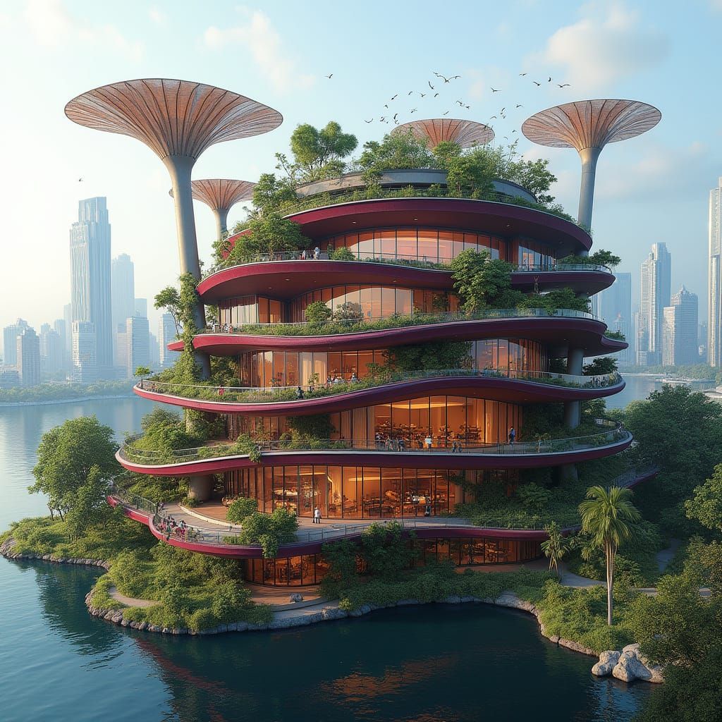 Ethereal Flower City: Dark Red Glass and Wood Marvel